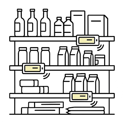 Veikala plaukts ar elektroniskajām cenu zīmēm (Electronic Shelf Labels / Digital Price Tags).